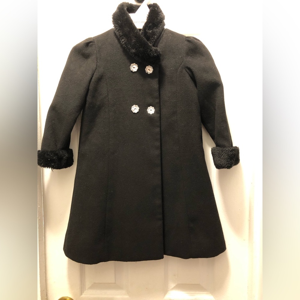 Toddle black faux fur trench coat with flower rhinestone buttons